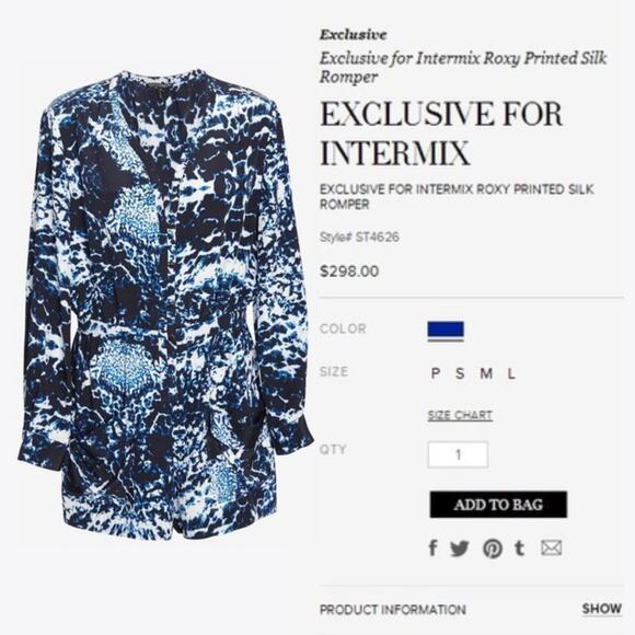 Rare Intermix Roxy Silk Romper S | Blue Abstract Print, Button Front, 100% Silk - Picture 3 of 7